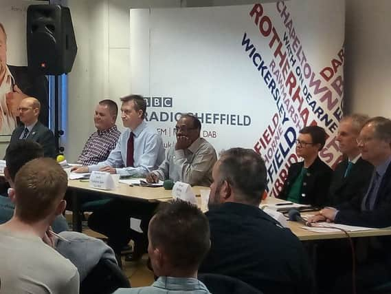 Mayoral candidates (from left) David Allen, Mick Bower, Dan Jarvis, Naveen Judah, Hannah Kitching, Rob Murphy and Ian Walker speaking at the debate.