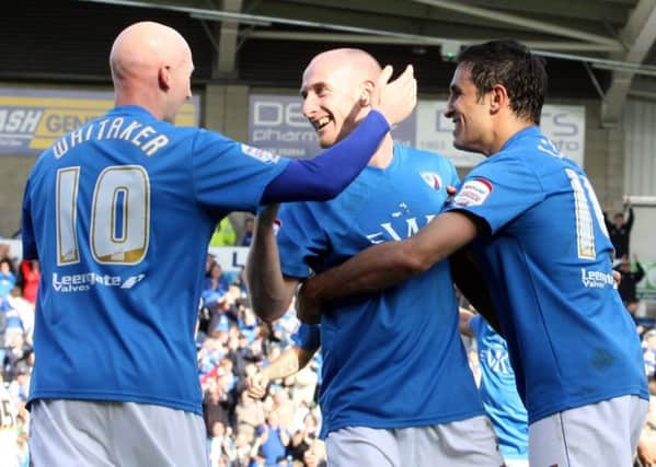 Chesterfield v Port Vale. Whitaker, Talbot and Lester celebrate Jack's goal.