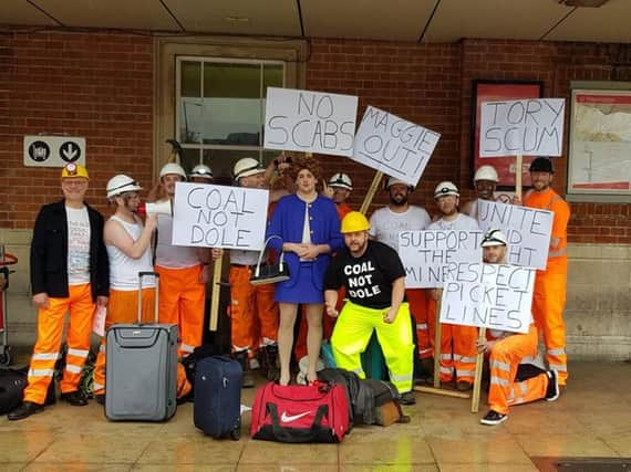 Groom Aaron Beach as Margaret Thatcher meets up with a group of miners outside Doncaster railway station. (Photo: Wayne Ryalls).